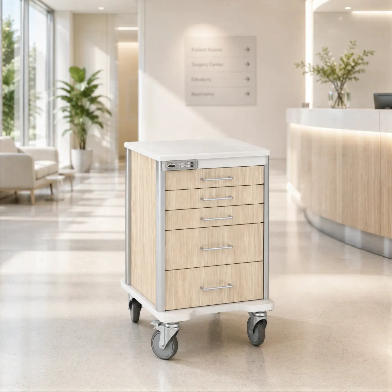 A Point of Care cart with light oak drawer fronts in a hospital lobby