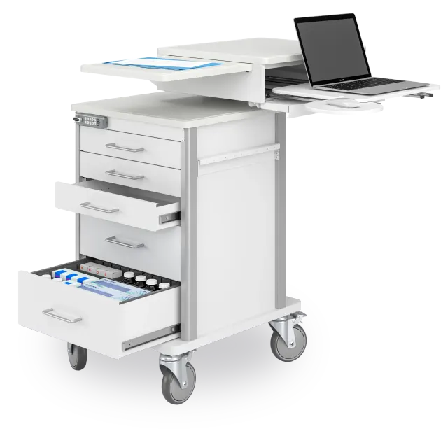 The Point of Care cart with a drawer open and the worksurface extended for a laptop